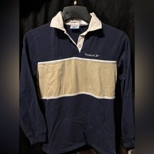 Vintage Reebok Men's Navy and Tan S Long Sleeve Rugby Shirt